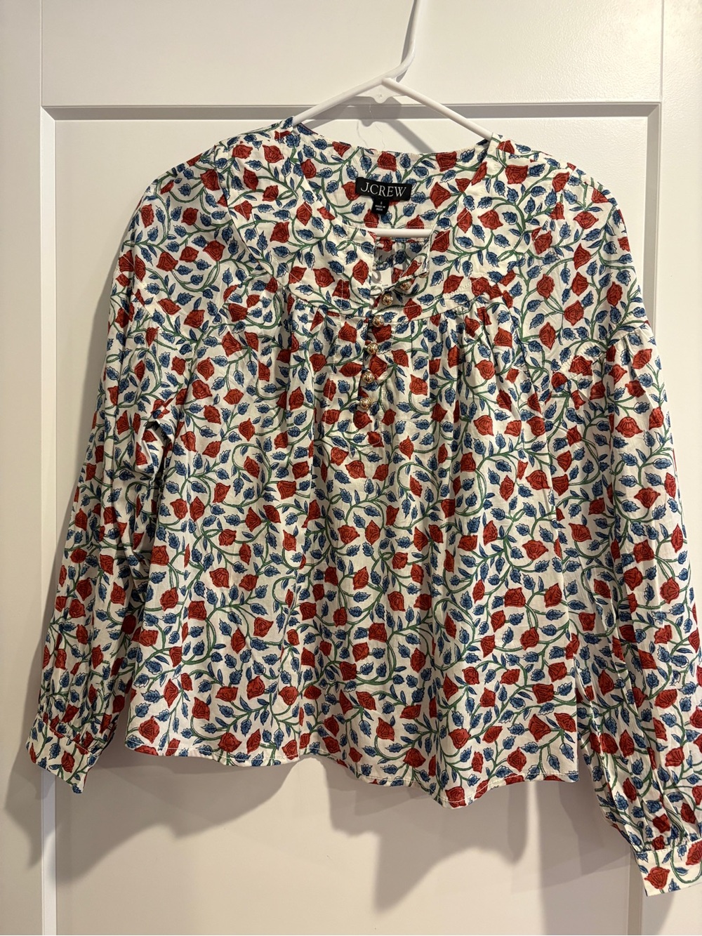J. Crew White Button-Front Floral Print Blouse with Red and Blue Accents